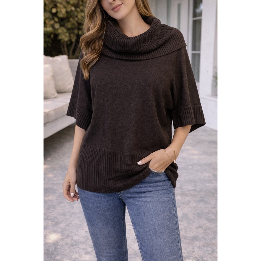 Ann Taylor LOFT Womens Brown Cowl Neck Dolman Short Sleeve Knit Sweater Size M
